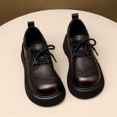 Британские кожаные лоферы с круглым носком - Весна/Осень 2025, Толстая подошва с увеличением высоты на 5 см, Маленькая обувь на шнуровке