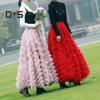 Women Cake Skirt Solid Color Mid-Waist Long Skirt with Elastic Waist Mesh Hem A-Line Maxi Skirt Daily Wear