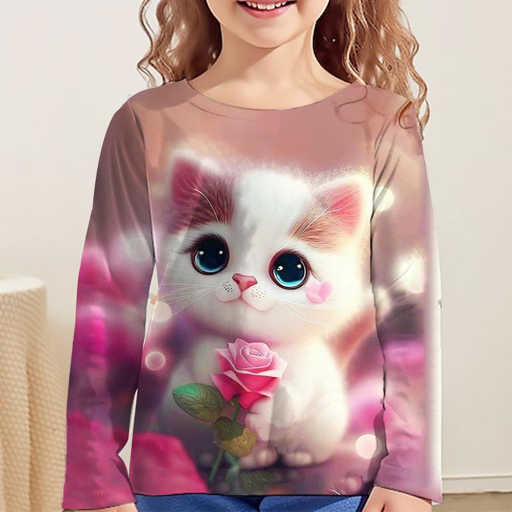 Одежда для девочек Футболка с котами Футболки с длинным рукавом Футболки с девчачьим принтом Топы Детская одежда Модная принтовая летняя одежда для девочек