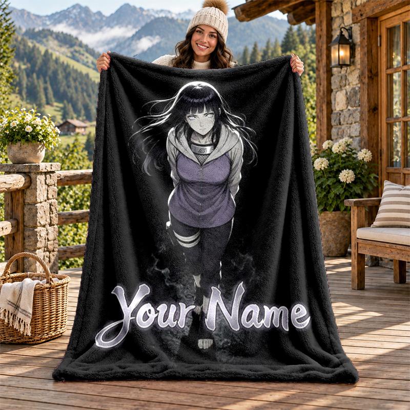Hyuga Hinata Custom Name Flannel Blanket Personalized Soft Warm Plush Throw Blanket Customized Gift for Family Friends