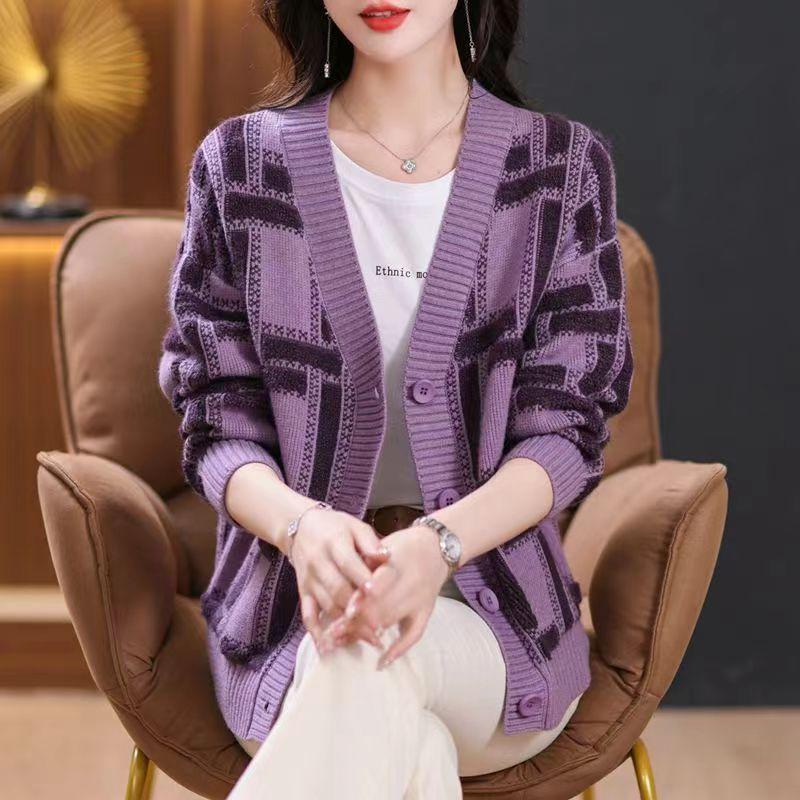 Весна и осень новый женский свободный кардиган в стиле вестерн топ жаккардовый цветной блок свитер с V-образным вырезом