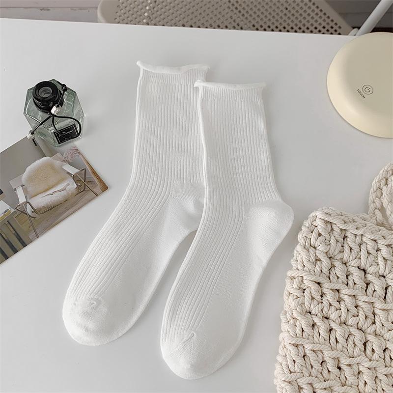 Закатанные носки-гольфы для женщин, весенне-осенние однотонные хлопковые носки до середины икры, бежевые простые и универсальные длинные носки, летние