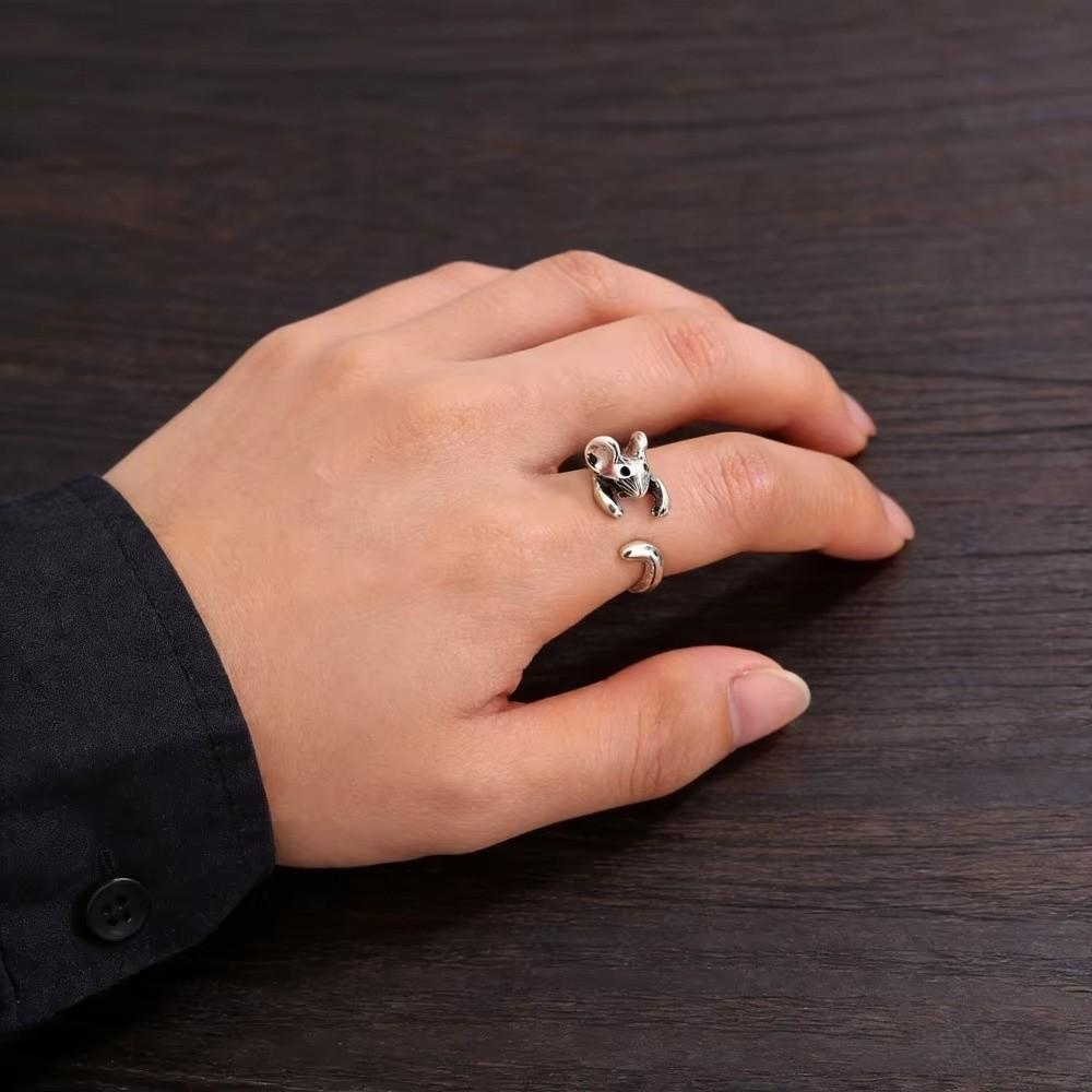 Zinc Zinc Alloy Retro Mouse Ring Silver Animal Ring Vintage Open Ring Gift