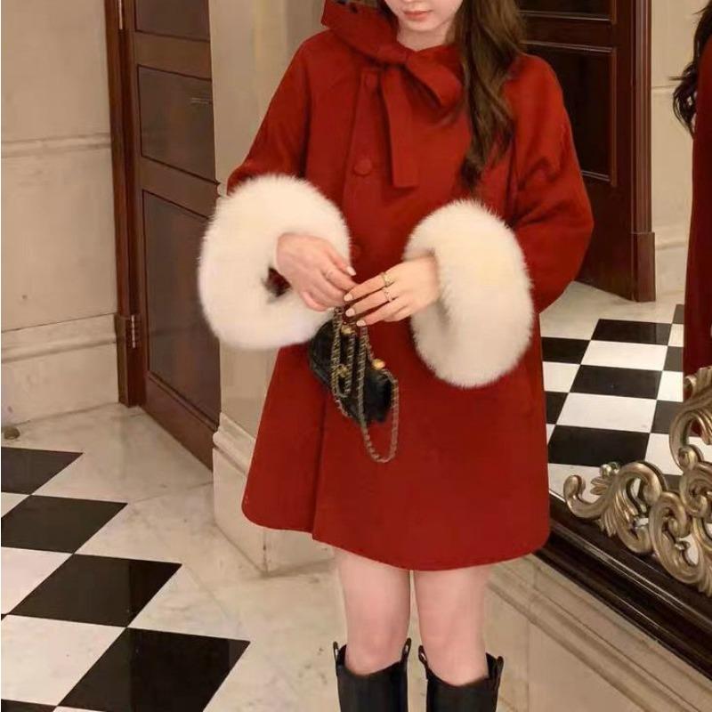 Autumn and Winter Woolen Coat Women's High-end Bow Furry Sleeves Loose Thickened Sweet Mid-length Coat