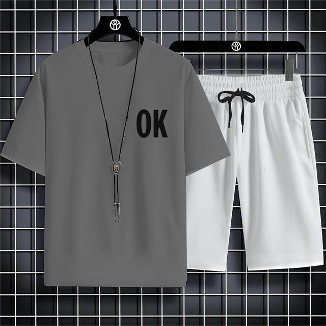 Four Seasons New Outdoor Sports Style 2d Letter Ok Printed Men'S O-Collar Comfortable Breathable Casual T-Shirt Set Quick Drying
