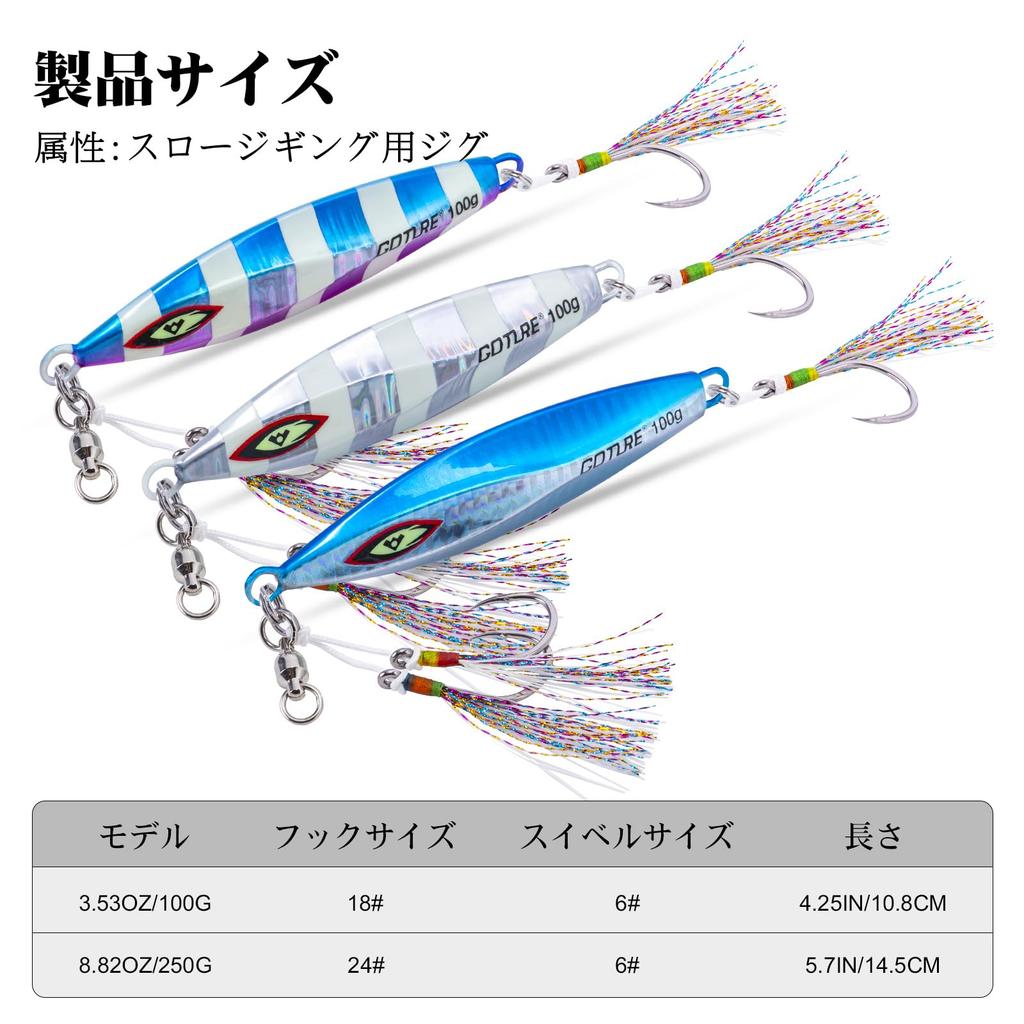 Набор из 3 металлических блесн Goture Jigging, 250 г, доступен в 3 цветах. Набор приманок для ловли морского окуня. Набор светящихся металлических блесн Slow Jigging с крючком и вертлюгом.