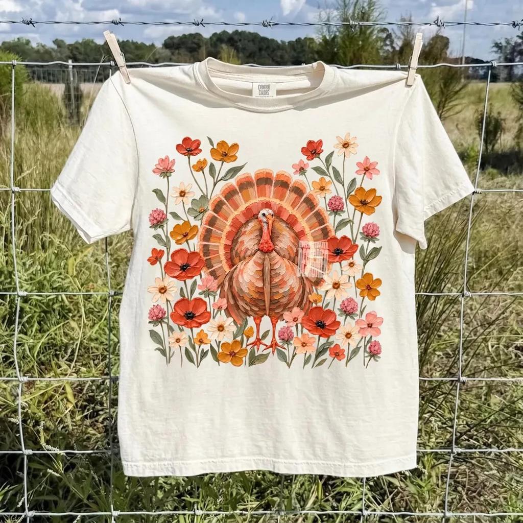 Wildflower Turkey T-Shirt, Vintage Floral Thanksgiving Shirt