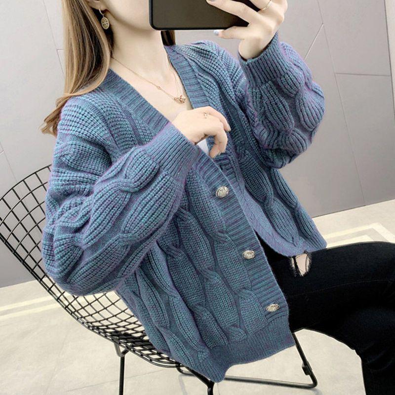 Осенне-зимний вязаный кардиган для женщин, весна и осень, однотонный жареный крученый джемпер в корейском стиле с V-образным вырезом, свободный свитер, верхнее пальто