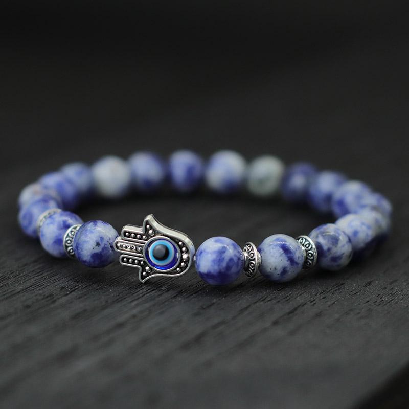 Evil Eyes Bracelet For Men Women Gothic Fatima Hand Braclet 8mm Natural Lava Lapis Lazuli Stone Beaded