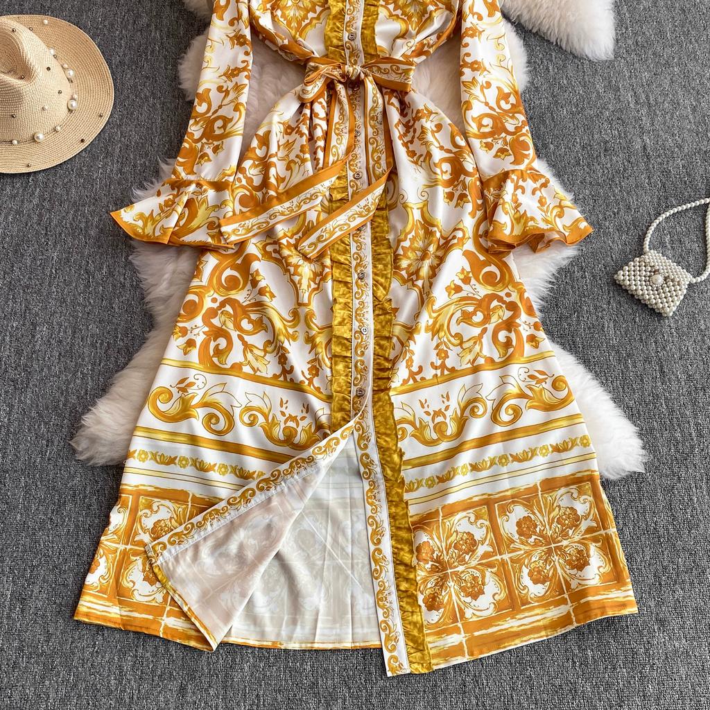 Весна-Осень, желтый, красный, синий и белый фарфоровый халат с принтом, женские вечерние платья с расклешенными рукавами и поясом на шнуровке