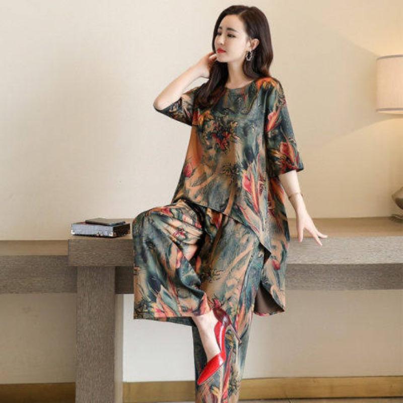 Летний новый свободный костюм женский ретро-принт студенческий комплект из двух предметов модные широкие брюки женская одежда