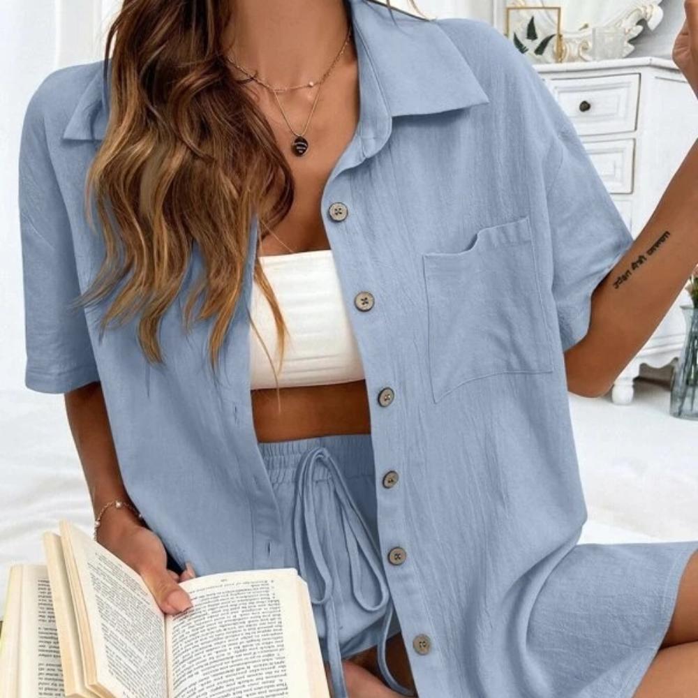 Женские модные шорты, комплект из двух однотонных рубашек, повседневные свободные с короткими рукавами, однобортные женские модели