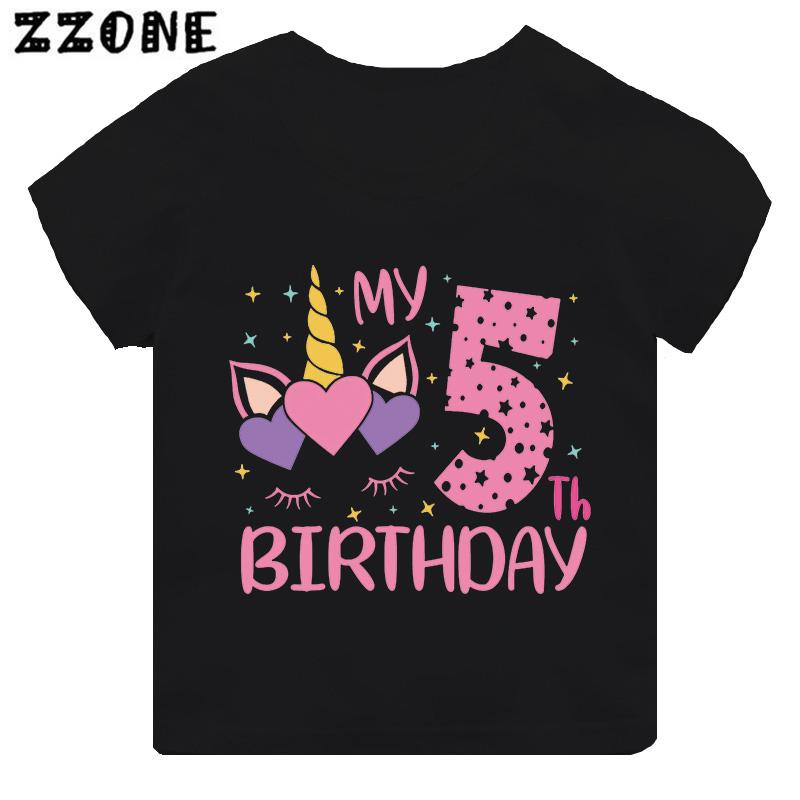 My 1 2 3 4 5 6 7 8 9 th Years Birthday Unicorn Print Cute Girls Clothes Summer Short Sleeve Kids T shirt Baby Boys TShirts