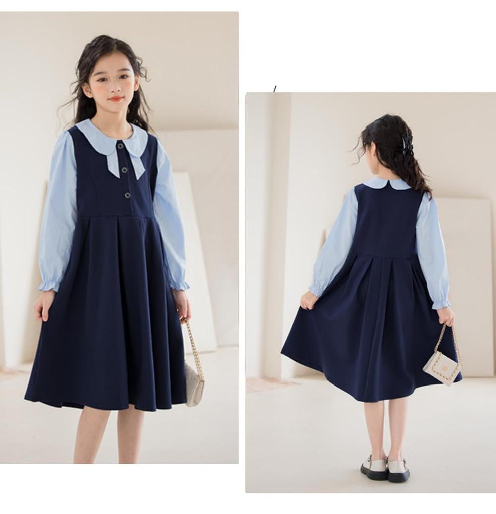DiiFoky Long Sleeve Dress with Layered Look and Round Perfect for School Entrance and Everyday Wear Size Kids' Collar, Recitals, Ceremonies, (Navy,