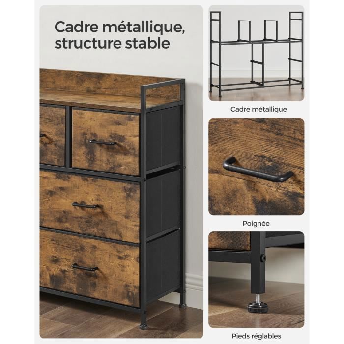 SONGMICS Commode, Armoire, Meuble de Rangement, 7 Tiroirs en Tissu avec Poignées, Cadre en Métal, Marron Rustique et Noir d'Encre