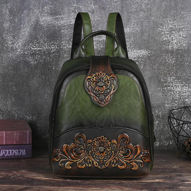 Johnature Embossed Vintage Backpack Versatile Women's Leather Bag Large Capacity Travel Backpacks