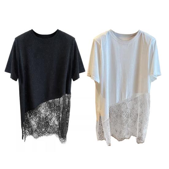 Women T-shirt Round Neck Short Sleeve Mid-length Tops Solid Color Side Slit Design Lace Splicing Tee Shirt Daily Wear