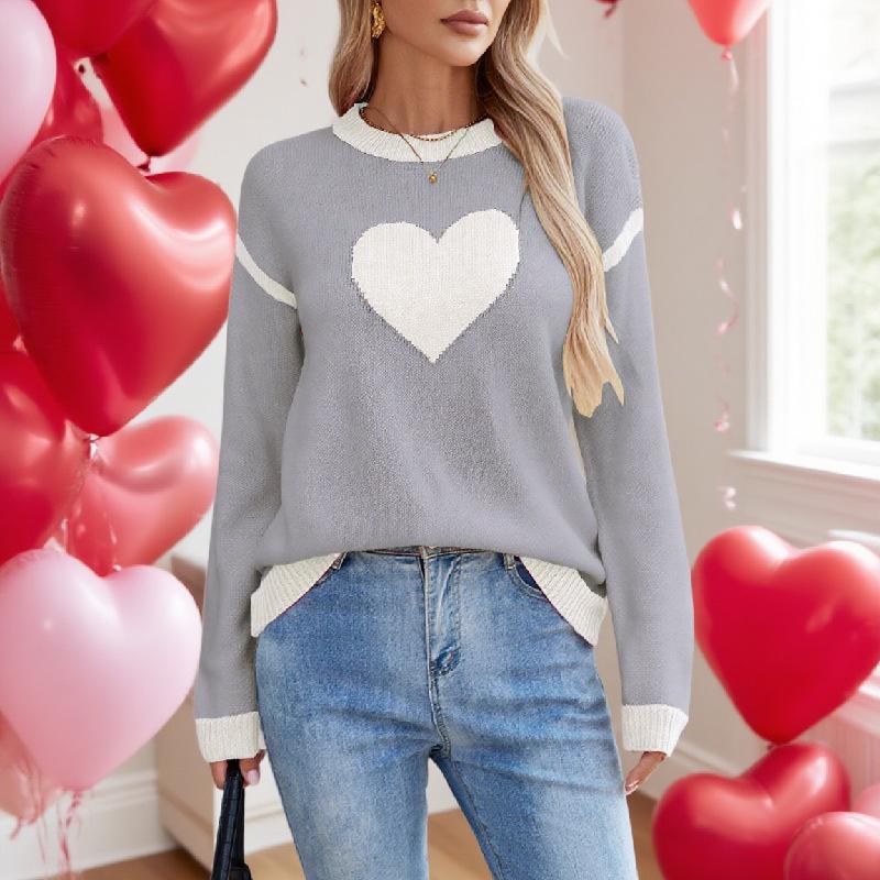 Women's Crew Neck Long Sleeve Heart Print Knit Sweater Loose Fit Casual Pullover Top