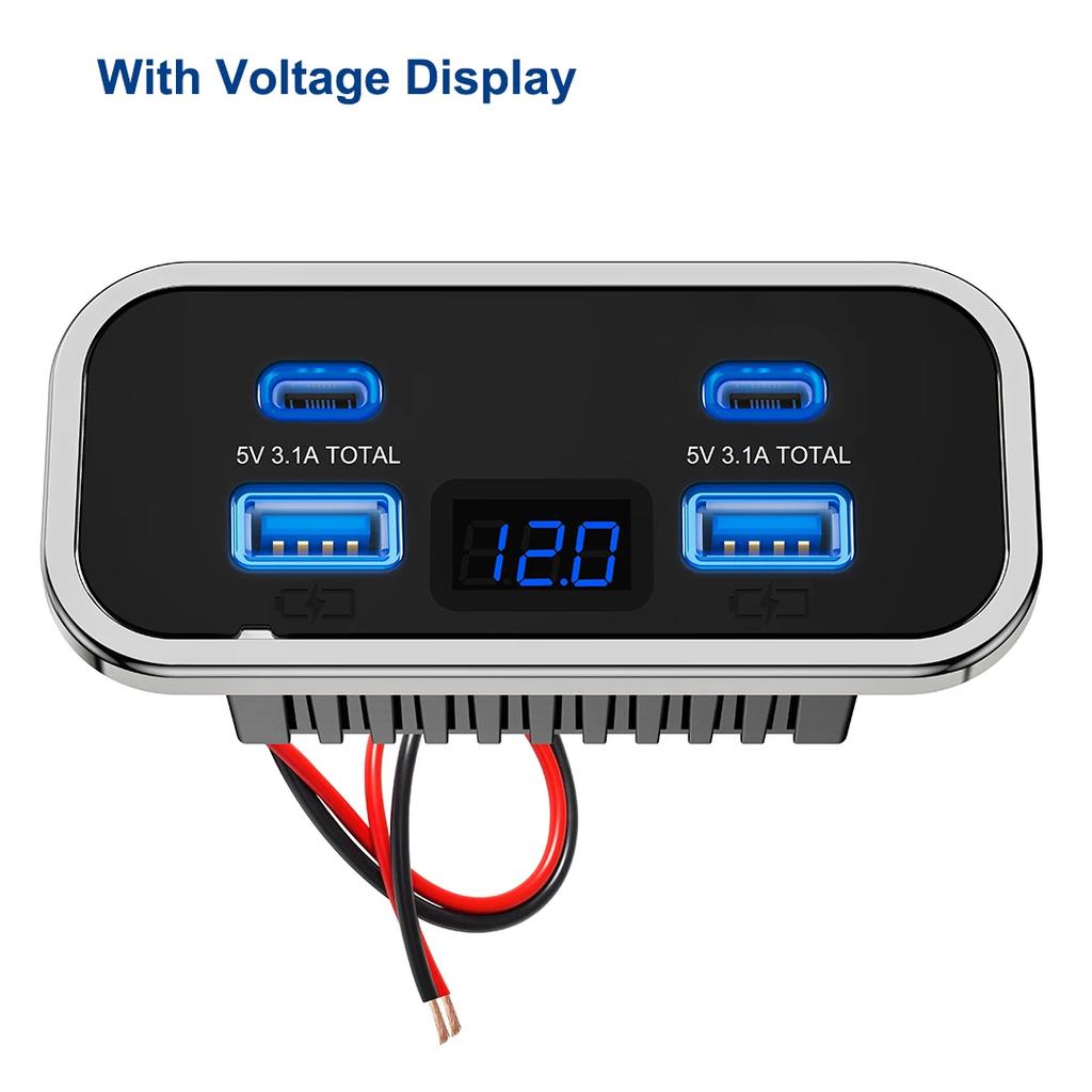 12V-24V 4 порта Двойной USB PD3.0 QC3.0 Розетка 76 Вт Type-C Панель Быстрой Зарядки Адаптер Настенного Крепления для Морского Судна Автобуса Квадроцикла Грузовика RV