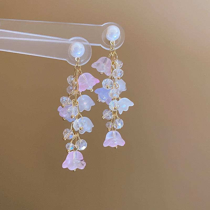 Богемные розовые серьги-кисточки с цветком из бисера и жемчуга