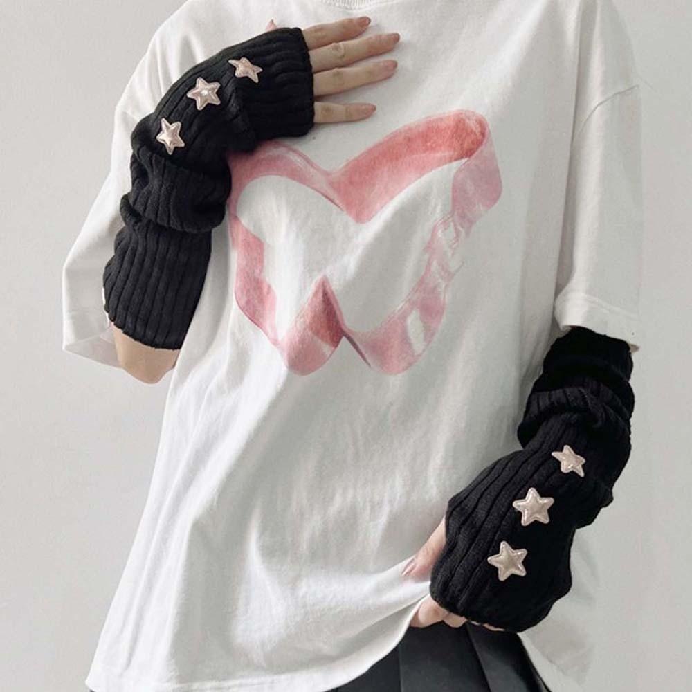 Solid Color Y2K Star Arm Cover Long Warmer Long Cuff Knitted Fingerless Sleeves Outdoor