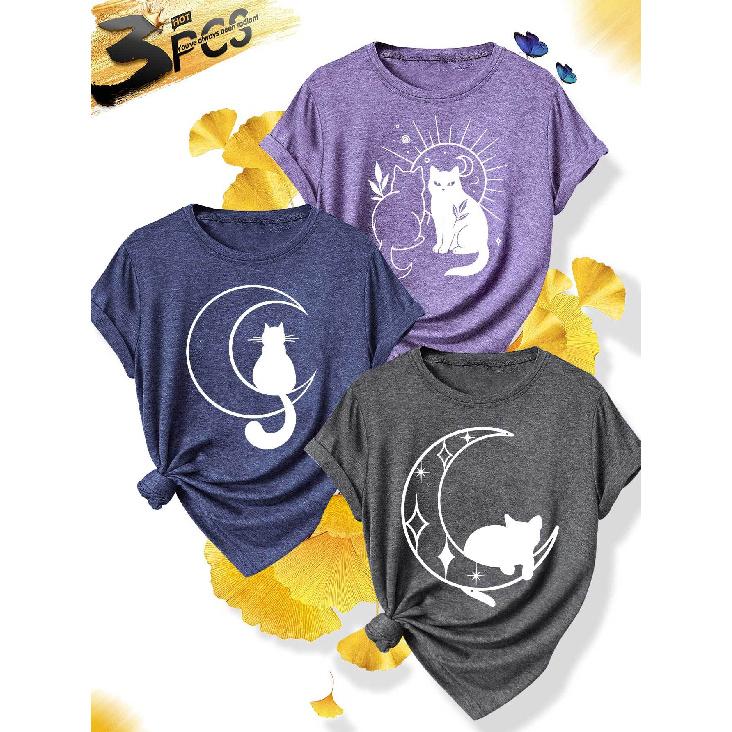 3 Simple and elegant women's party attire Star and Moon Cat Pattern Round Neck Casual Sporty Fresh Elegant Plus Size Women's Short Sleeve T