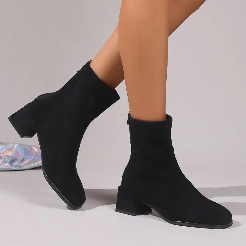 Fashion 2024 New Fashion Women's Boots Versatile and Comfortable Solid Color Winter Zipper Decorated Thick Heel Women's Shoes Zapatos