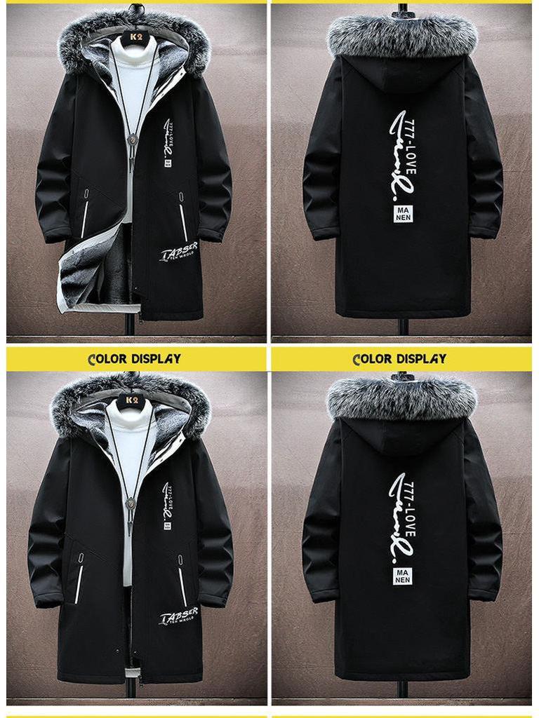 Men's Winter Fleece-Lined Hooded Mid-Length Printed Cotton Coat - Trendy & Warm Casual Jacket