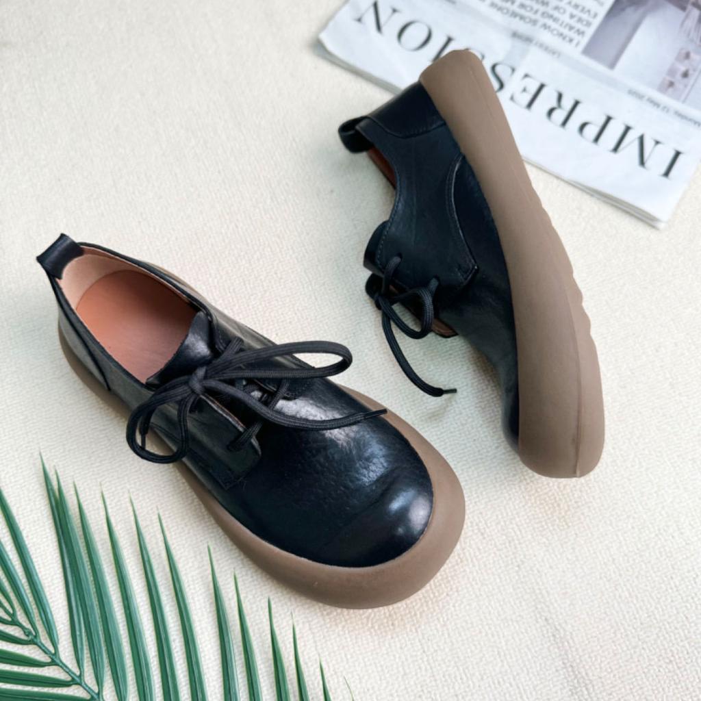 Spring New Women's Shoes First Layer Cowhide Lace-up Thick-soled Single Shoes Retro Round Head Women's Shoes Soft Sole Soft Surface