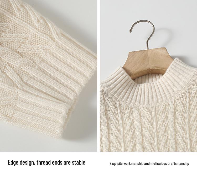 Women's Retro Half-High Neck Cable Knit Wool Sweater (BN629) - Autumn Winter Casual Knitwear