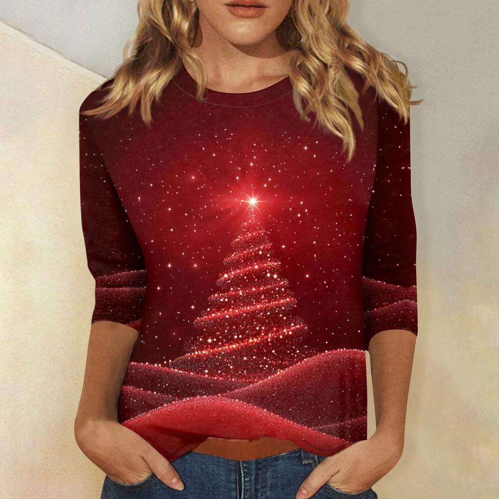 Women's O-Neck 3/4 Sleeve Christmas Print Top