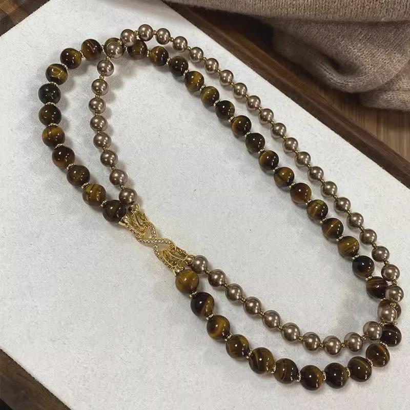 Двухслойное ожерелье цвета шампанского с тигровым глазом и жемчугом, с пряжкой в форме восьмерки