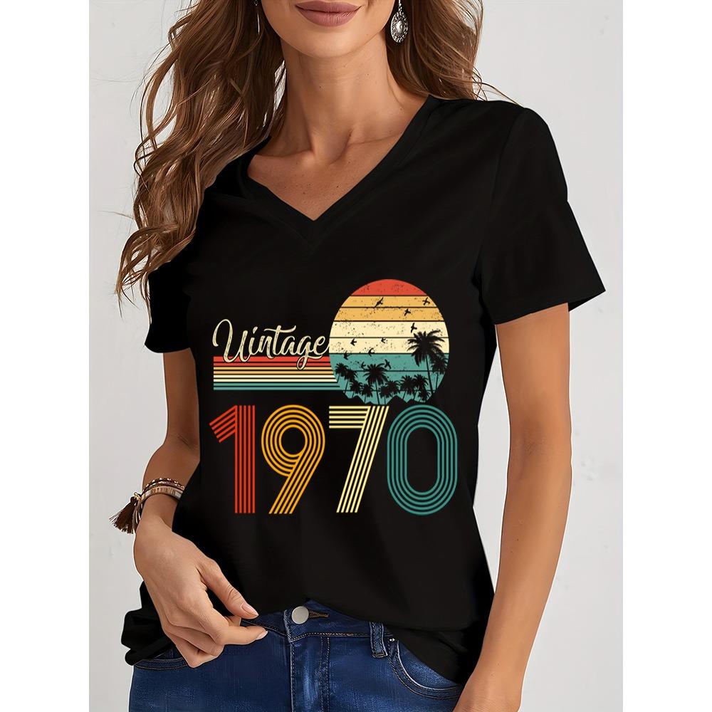 Женские футболки 1975 года с графическим винтажным принтом 1970–1979 годов, повседневные, с V-образным вырезом, модные, с V-образным вырезом, летние, эстетичные, ретро-рубашки для женщин