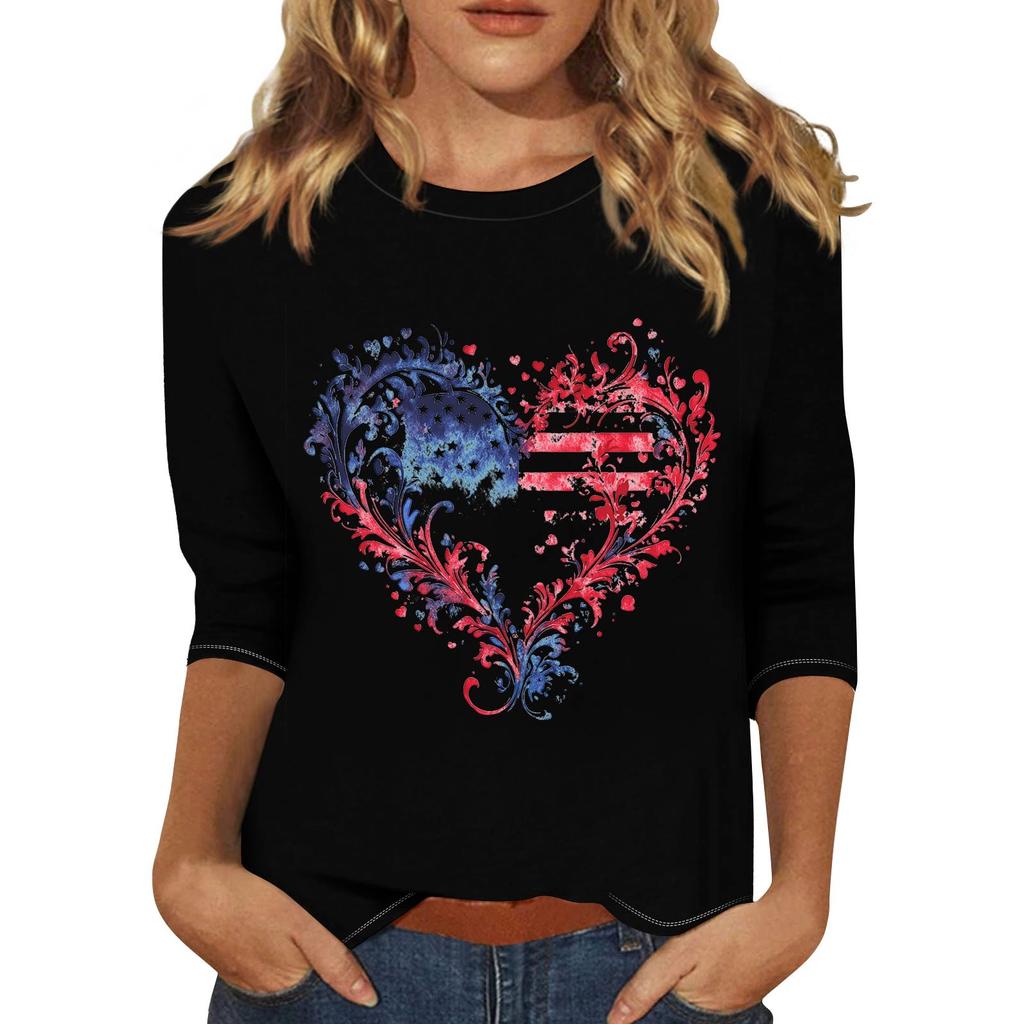 Women's Fashionable Casual Three Quarter Sleeve Printed Collar Pullover Top