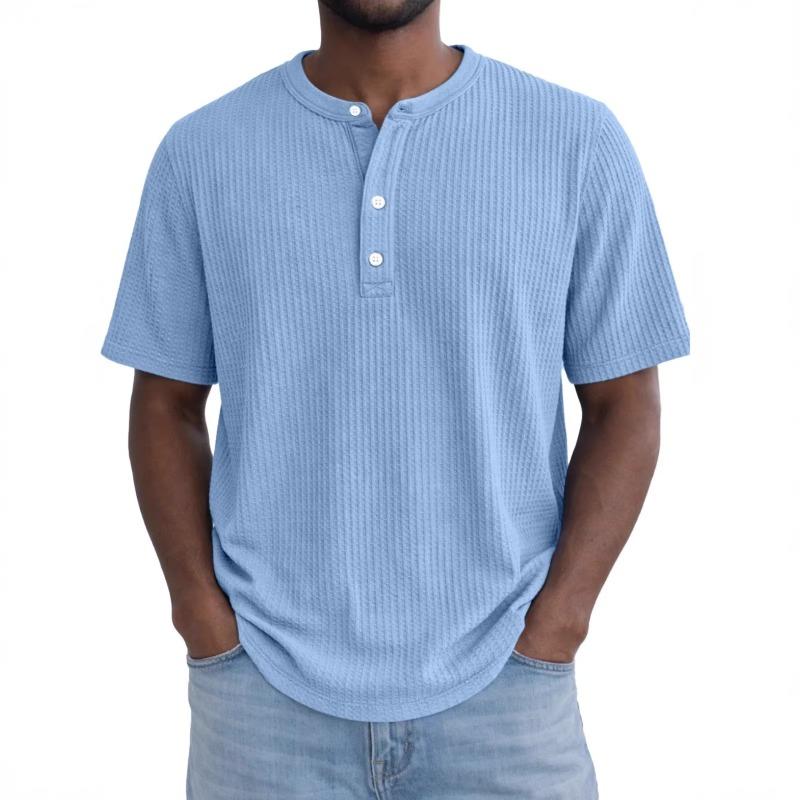 Мужская зеленая вафельная рубашка-henley с коротким рукавом, круглым вырезом, повседневная, свободного кроя, пуловер
