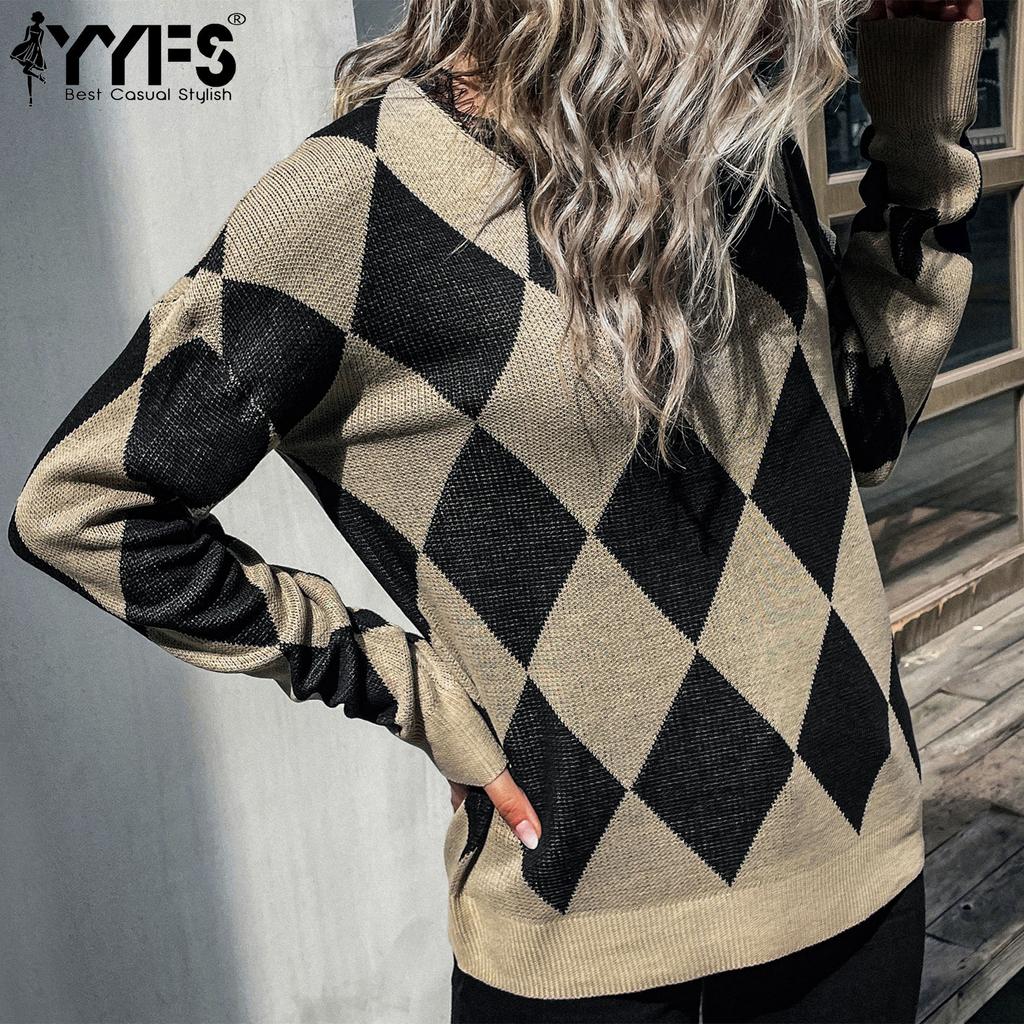 YYFS Женские модные повседневные свитера с ромбовидным принтом, осенне-зимние свитера с длинными рукавами и v-образным вырезом