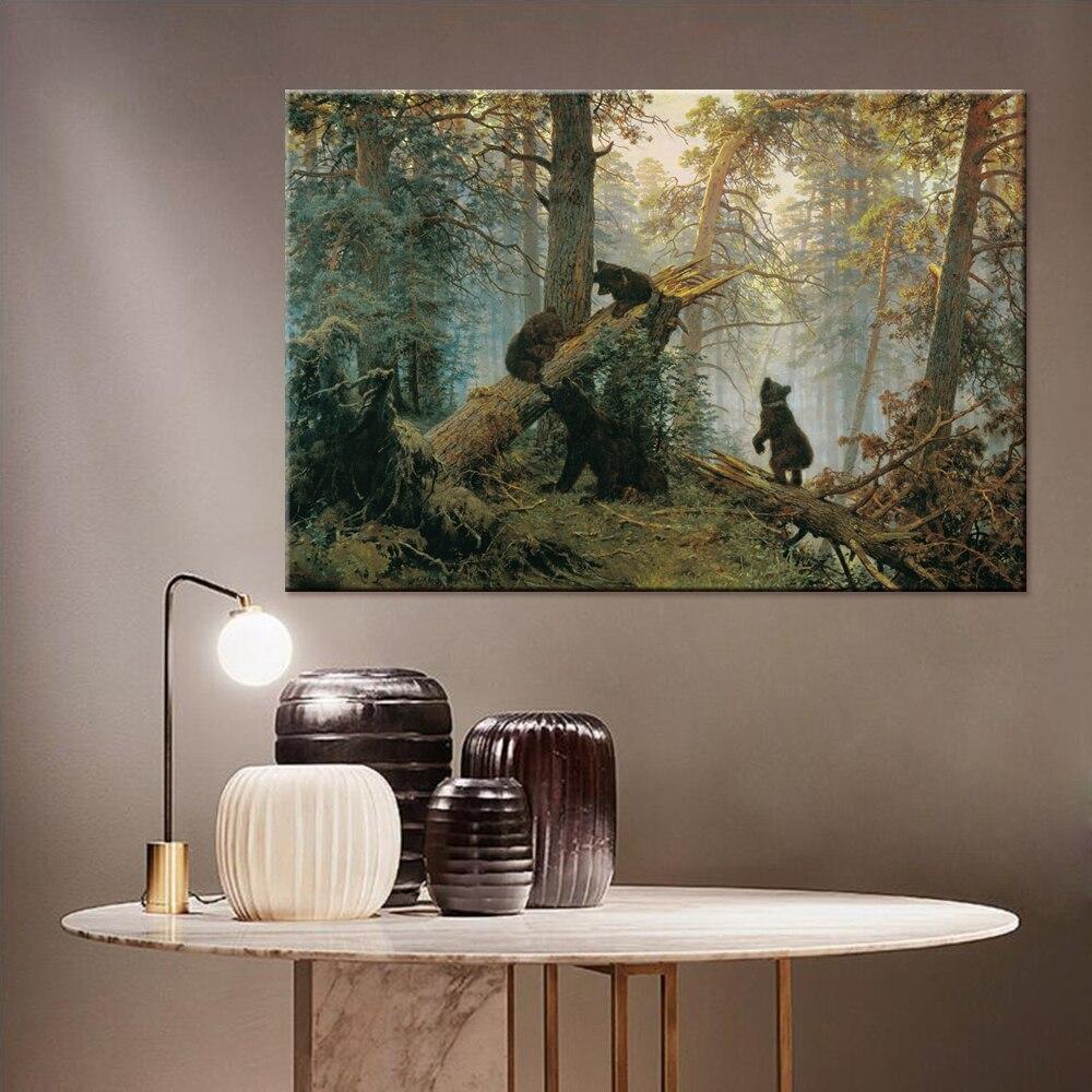 Oil Painting In the Morning On Pine Forest Bear, Cotton Print Shishkin Wall Art Image Decoration