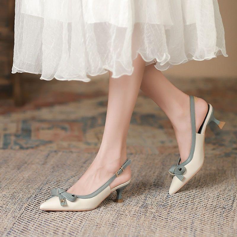 Закрытые сандалии для женщин Лето 2025 Обувь Сексуальный бант Острый носок на низком каблуке H Комфортный шик и элегантность Повседневная женская обувь