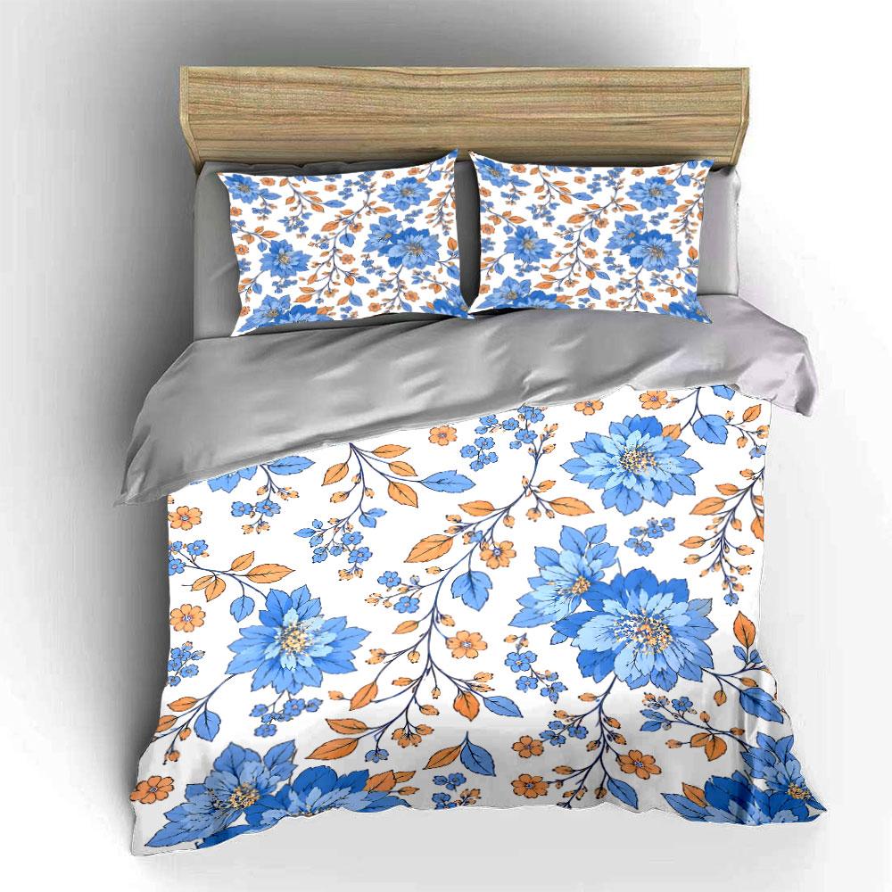 Blue and Orange Floral Pattern Background Print Bedding Set 1 Duvet Cover 2 Pillowcases for Adult and Children Luxury GiftSize