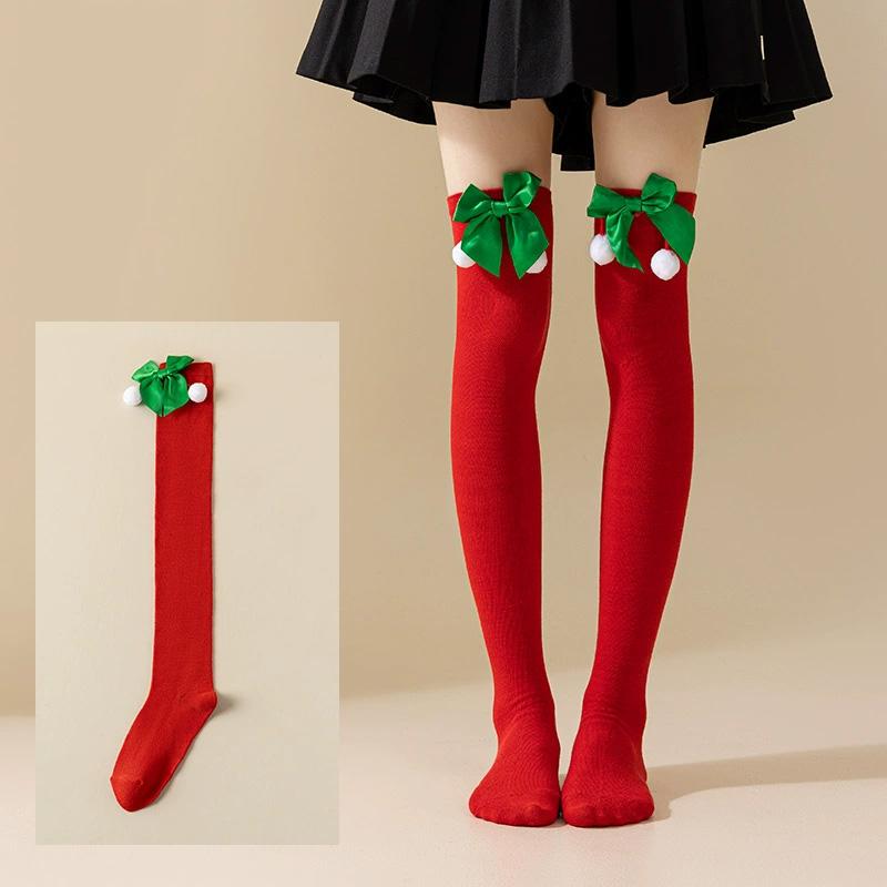 Women with Bow Accent for Women Girls Christmas Socks Knee-High Over-the-Knee Elegant Red & Green Striped Long Socks