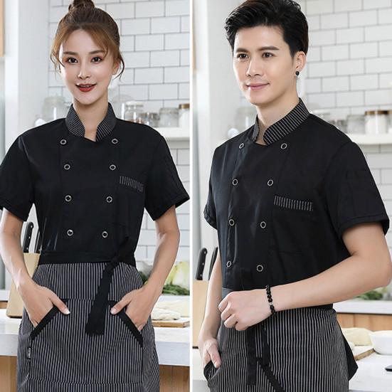 Stand Collar Short Sleeve Double Breasted Patch Pocket Splicing Color Chef Uniform Women Men Service Bakery Breathable Chef Shirt Work Clothing