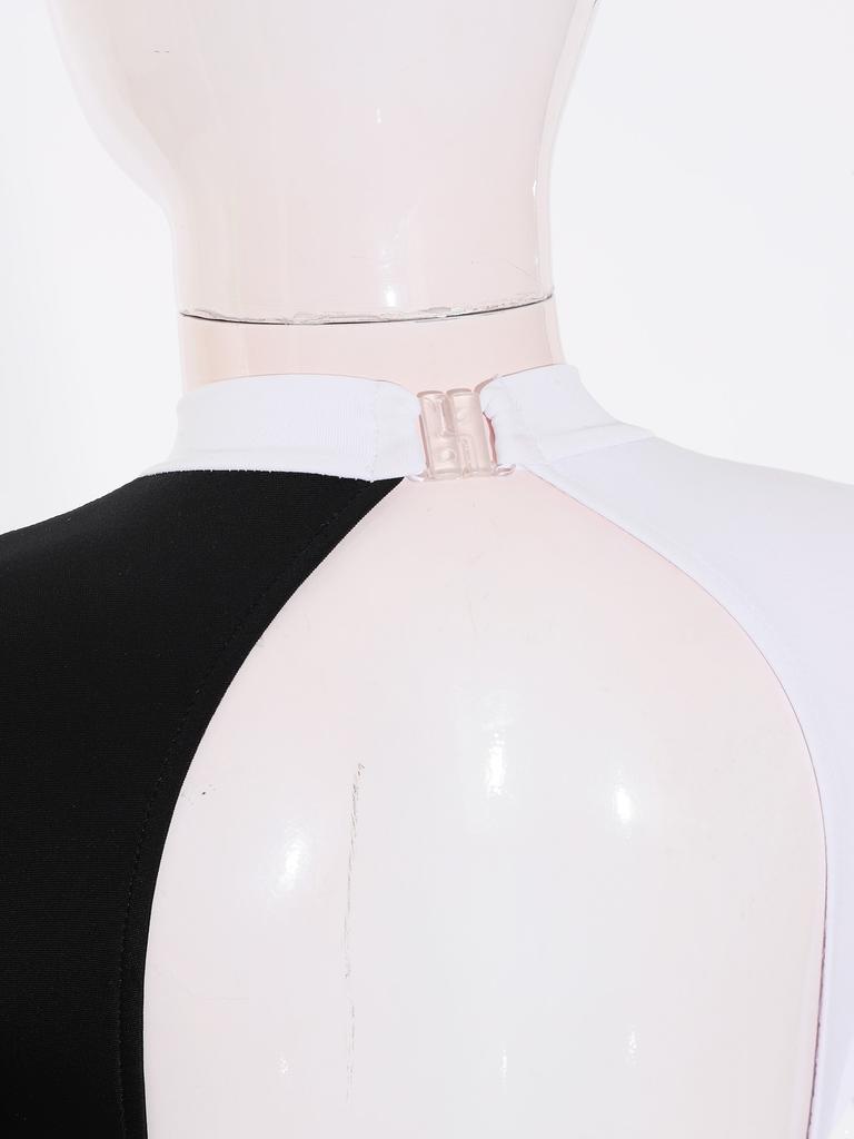 Girls Long Sleeve Round Collar Shiny Rhinestone Decorated Contrast Color Backless Jumpsuit Gymnastic Wear