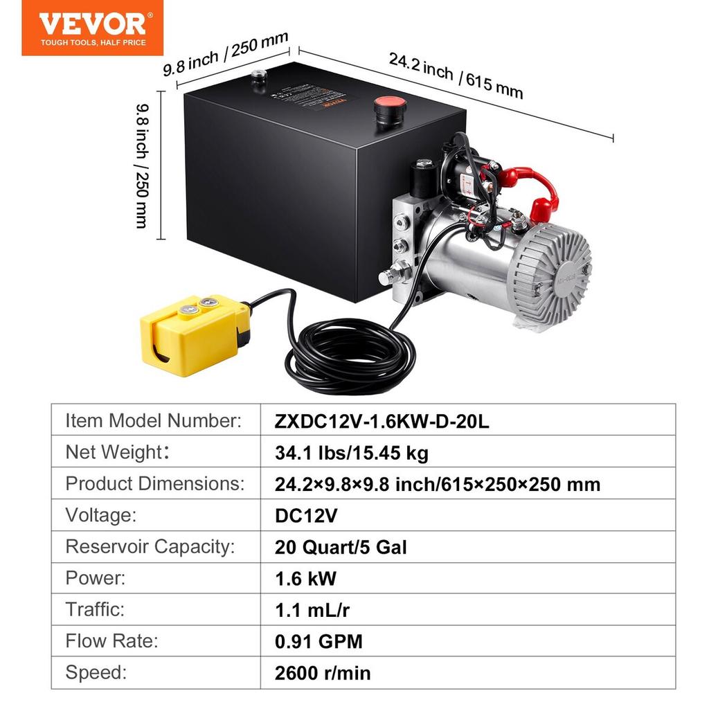 Hydraulic Pump 20 Quart Single Acting Dump Trailer Pump Power Unit DC 12V