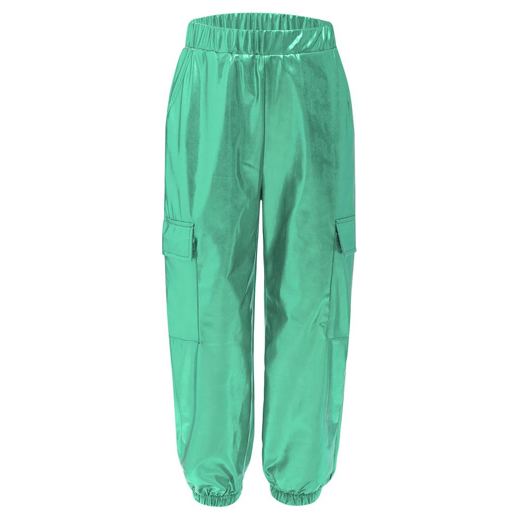 Unisex Kids Metallic Shiny Pants Elastic Waistband Design Hip Hop Jazz Dance Trousers