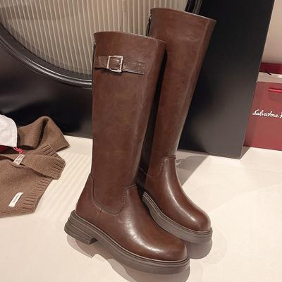 Зимние женские высокие сапоги на среднем каблуке, модные массивные туфли 2025 года, новые дизайнерские туфли-лодочки для вечеринок, высокие мотоциклетные туфли до колена, Botas De Mujer