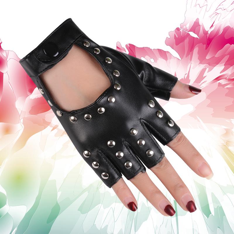 Women's Half-Finger PU Cyberpunk Motorcycle Gloves with Rivet Design for Dance and Nightclub