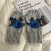 Half Finger Embroidery Knitted Gloves Floral Crochet Flower Mittens Winter Wool Gloves  Outdoor