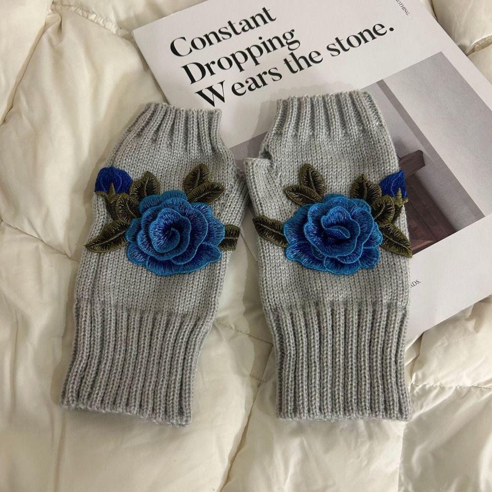 Half Finger Embroidery Knitted Gloves Floral Crochet Flower Mittens Winter Wool Gloves Outdoor