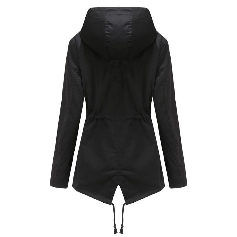 Womens Lightweight Hooded Trench Coat Mid-Length Rain Jacket With Waist Drawstring - Casual Chic Outerwear