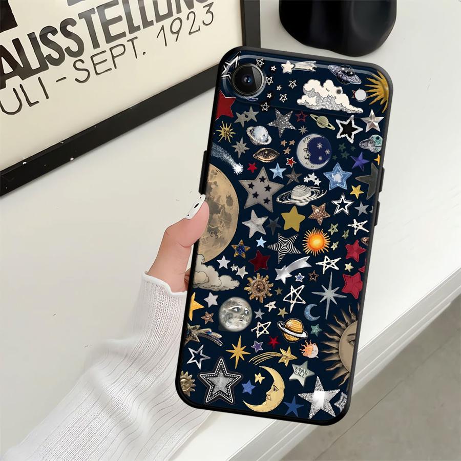 Чехол для iPhone 7 8 15 16 14 Plus XR 13 12 11 17 Pro Max 17Air XS Max Черный Мягкий Чехол для Телефона Звезда Луна Узор